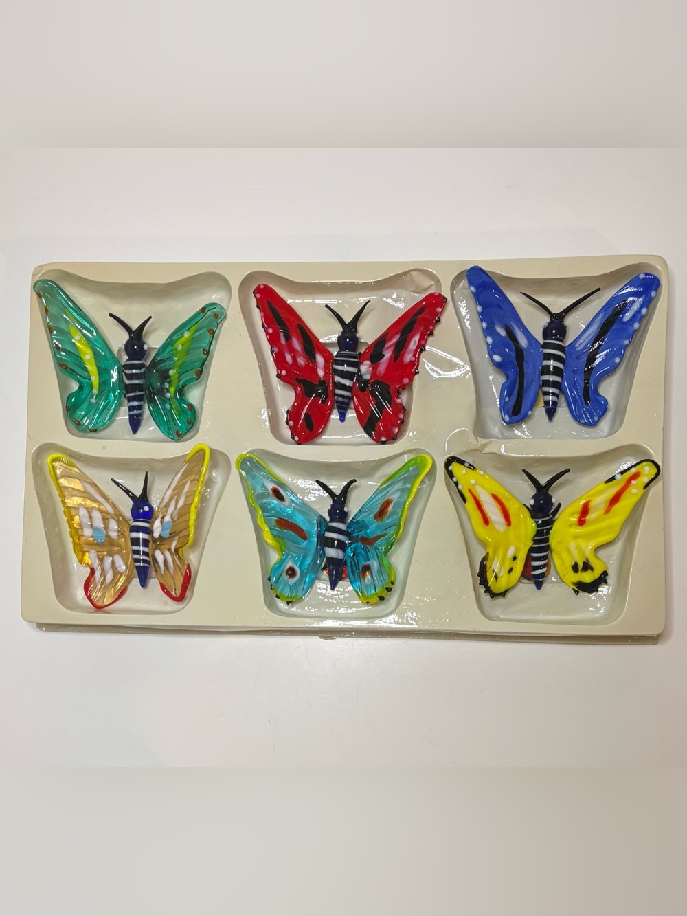 Vintage Murano Art Glass Butterfly Figurines Set ot 6 Hand Blown MINT Condition